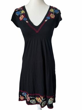 Johnny Was JWLA Black Embroidered V-Neck Cotton Jersey Dress